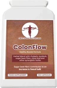 Top-down view of Certified Nutrition ColonFlow supplement bottle with sealed rectangular white lid, showing tamper-proof packaging and secure storage design.