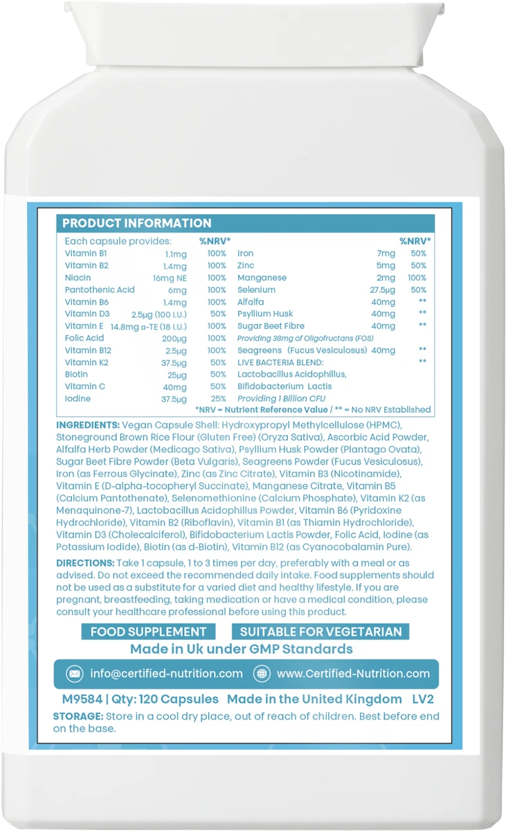 Back label: table of 17 vitamins/minerals (%NRV), botanicals, fibre, 1B CFU probiotics; ingredients, directions; UK GMP; 120 caps.