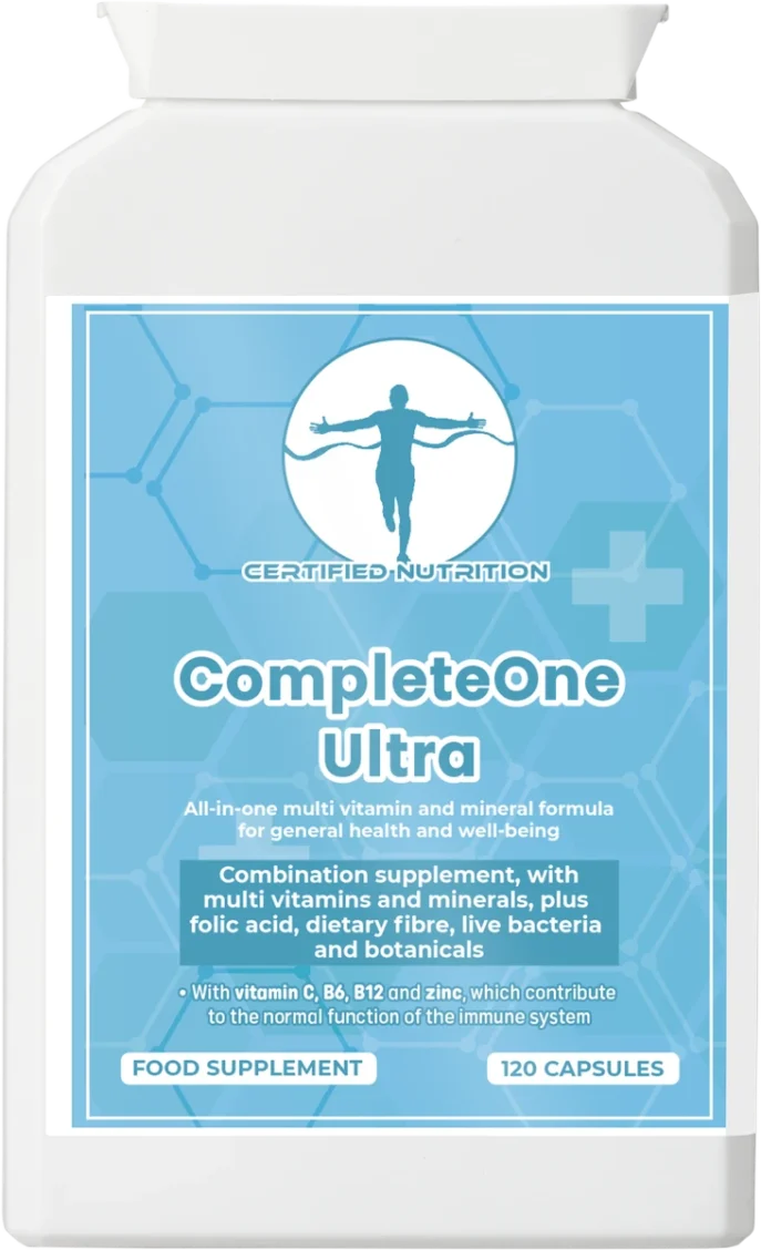 Front pack: all-in-one multivitamin and mineral formula with fibre, probiotics and botanicals; 120 capsules.
