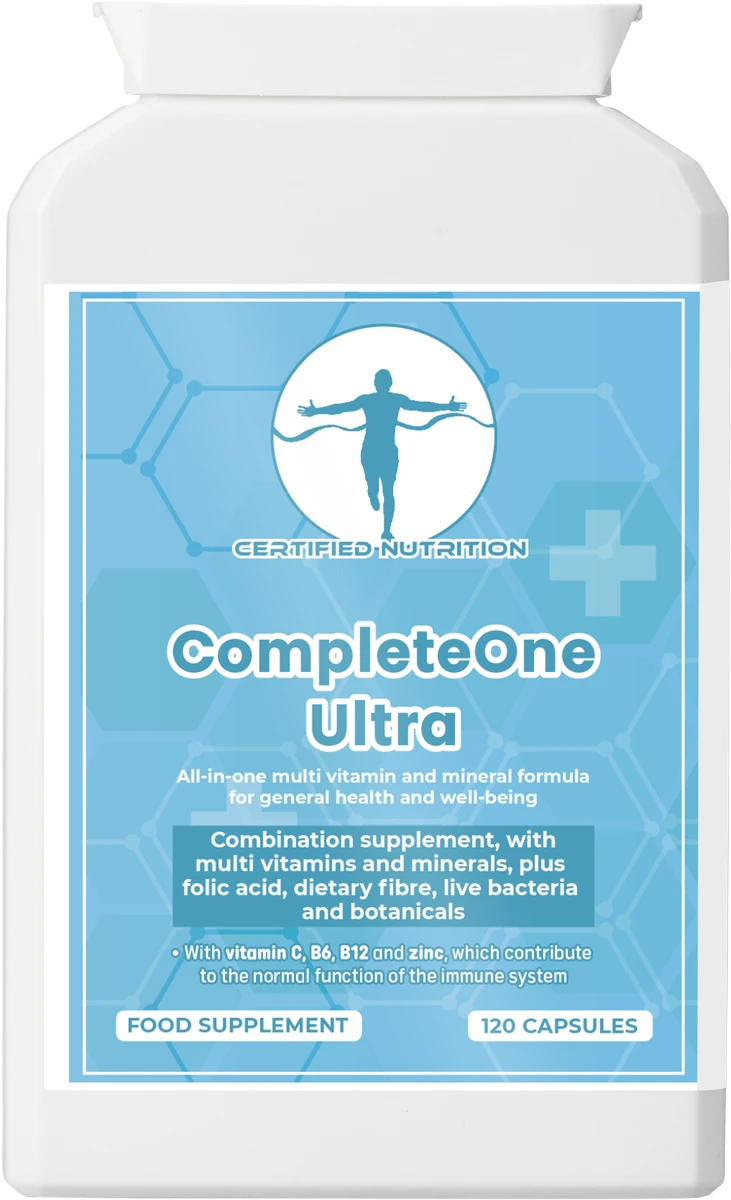 Front pack: all-in-one multivitamin and mineral formula with fibre, probiotics and botanicals; 120 capsules.