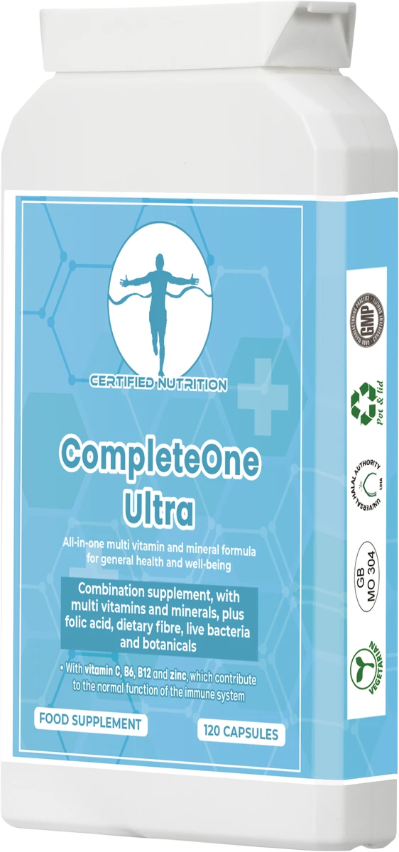 Three-quarter pack showing certification strip: GMP, recyclable pot & lid, Halal approval, GB MO 304, vegetarian mark.