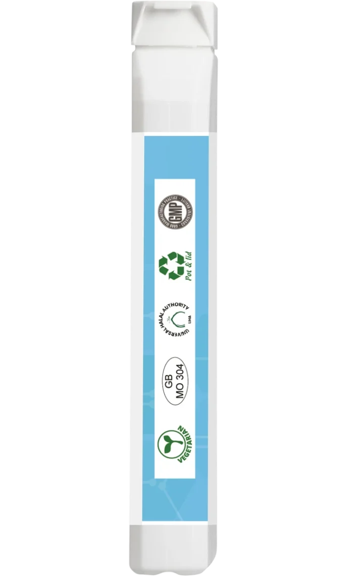 Side panel close-up of certification icons only: GMP, recycling, UHA Halal, GB MO 304, vegetarian.