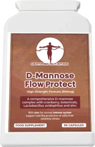 Top-down image of Certified Nutrition D-Mannose Flow Protect supplement container with sealed white cap, emphasising packaging integrity and design.