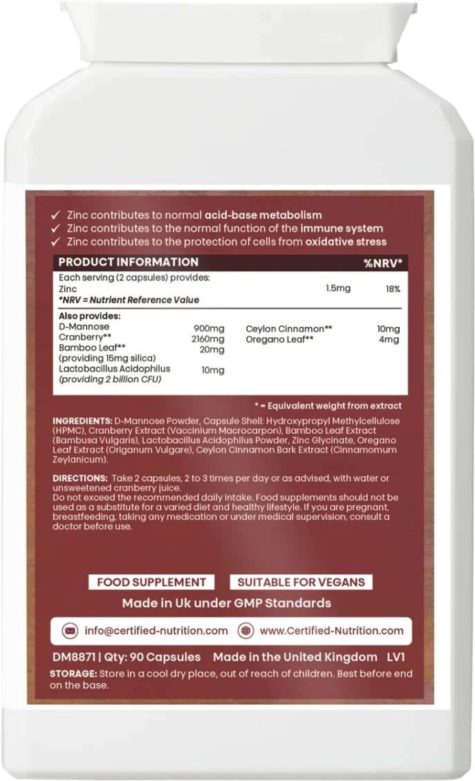 Back panel of Certified Nutrition D-Mannose Flow Protect bottle showing full supplement facts, ingredients list including D-mannose, cranberry, Lactobacillus acidophilus, zinc, and directions for use.