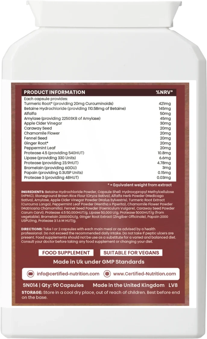 Back label of Certified Nutrition DigestPro showing product information, including turmeric root extract, betaine hydrochloride, alfalfa, amylase, apple cider vinegar, chamomile, fennel, ginger, peppermint, bromelain, papain, lipase, and protease enzymes. Includes directions for use, capsule count (90), storage instructions, vegan and GMP compliance, and Certified Nutrition contact details.