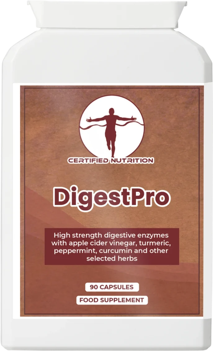 Front view of Certified Nutrition DigestPro bottle, a high-strength digestive enzyme supplement with apple cider vinegar, turmeric, peppermint, curcumin, and selected herbs. Pack contains 90 vegan capsules, labelled as a food supplement.