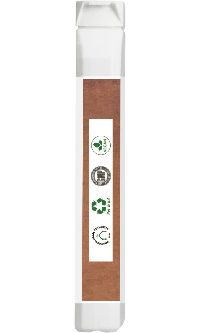 Side view of Certified Nutrition DigestPro bottle showing compliance and quality assurance logos, including Vegan, GMP, recyclable pot and lid, and Halal certification. White rectangular bottle with brown label strip.