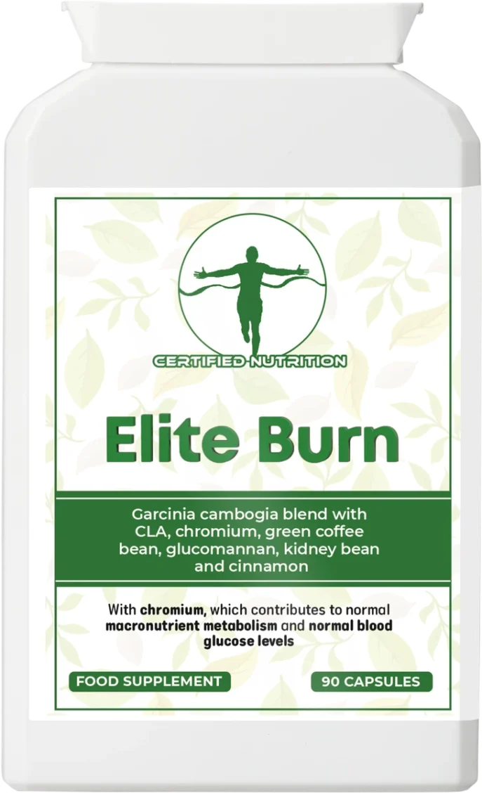 Rectangular white supplement bottle front label “Elite Burn”; green band text “Garcinia cambogia blend with CLA, chromium, green coffee bean, glucomannan, kidney bean and cinnamon”; lower panel notes chromium functions; badges “Food Supplement” and “90 Capsules.”