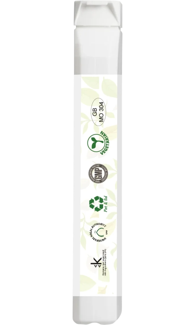 Narrow side panel with certificate icons and names: code “GB MO 304,” Vegetarian, GMP, PET & lid recycling, Universal Halal Authority USA; pale leaf motif down the strip.