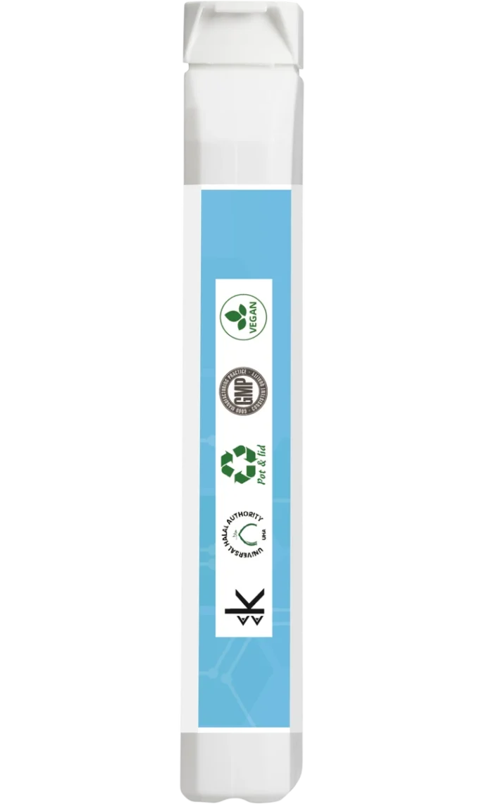 Esentia 35 side panel showing vegan, GMP, recyclable, and Soil Association Organic logos