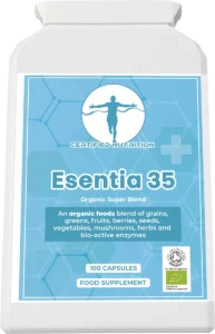 Esentia 35 organic supplements UK, front label with Soil Association certification