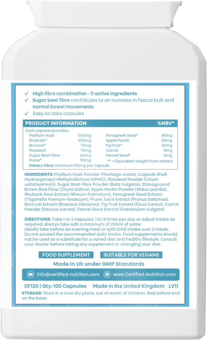 FiberMax Complex back label showing supplement facts, 11 active fibre ingredients, directions, and UK GMP certification.