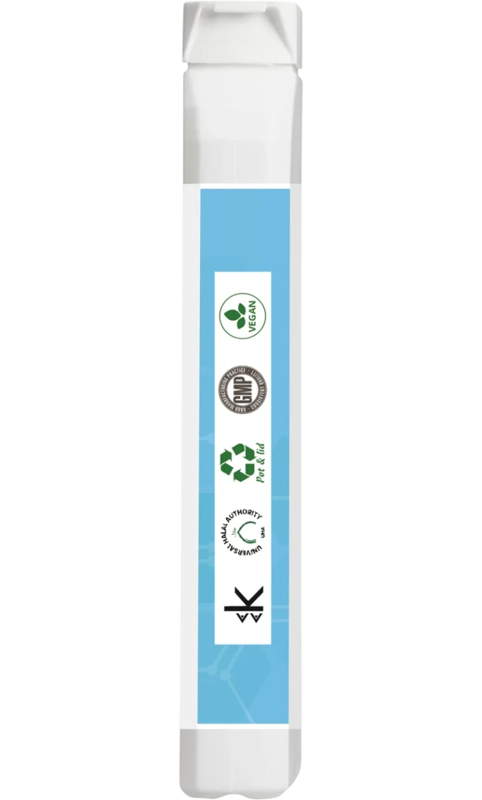 FiberMax Complex side label showing Vegan, GMP, recyclable, and Halal Authority UK certifications.