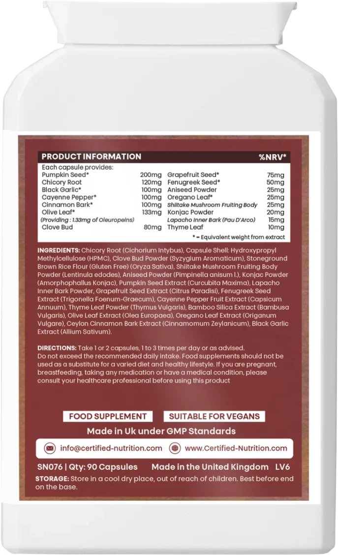 Certified Nutrition Gastro Klenz supplement back label showing full ingredient list, dosage directions, nutrition facts, and GMP certification.