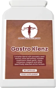 Certified Nutrition Gastro Klenz supplement bottle angled left, displaying product front label with herbal blend details.
