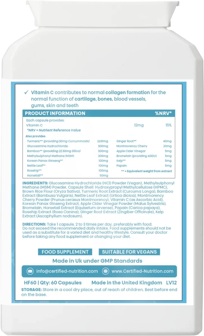 Certified Nutrition Glucosamine HCl+ full ingredient list including turmeric, cherry and rosehip