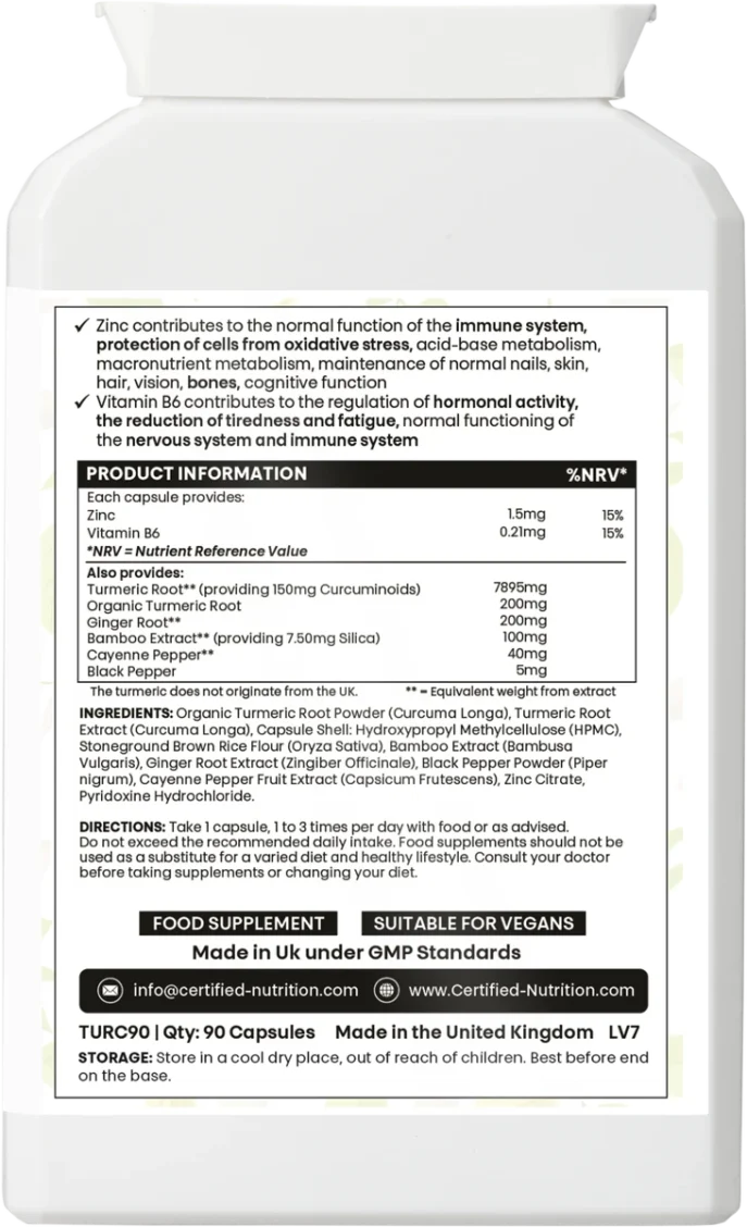 Detailed product information panel of Certified Nutrition Golden Root+ supplement, showing active ingredients such as turmeric, ginger, cayenne, black pepper, zinc, and vitamin B6, along with directions, storage, and GMP/vegan certification.