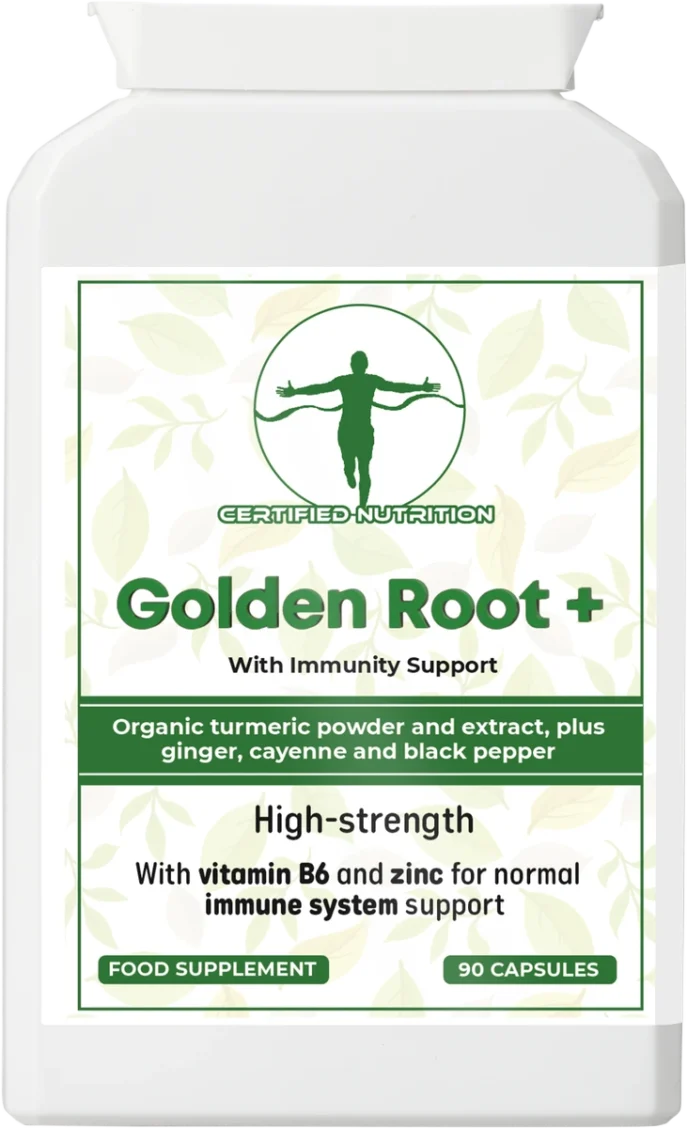 Front label of Certified Nutrition Golden Root+ supplement, highlighting organic turmeric powder and extract, ginger, cayenne, and black pepper, with added vitamin B6 and zinc for immune system support.
