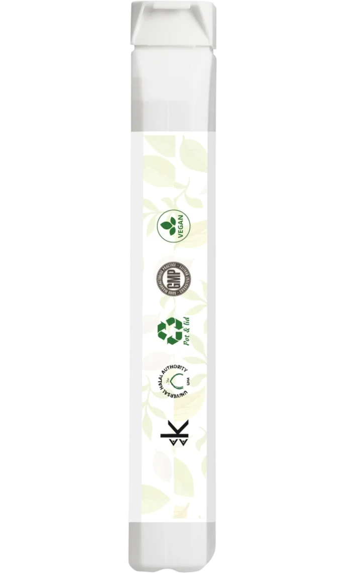Side label of Certified Nutrition Golden Root+ supplement bottle, featuring vegan, GMP, Halal, and recyclable packaging certification logos.
