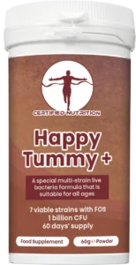 Top-down angled view of Certified Nutrition Happy Tummy+ supplement packaging, highlighting probiotic powder formula in a white tub with 60 servings.