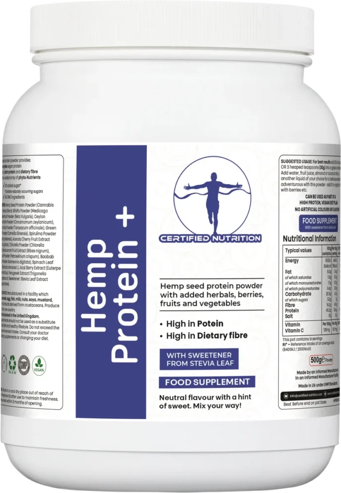 Front-facing label of Certified Nutrition Hemp Protein+ powder showing product benefits and branding