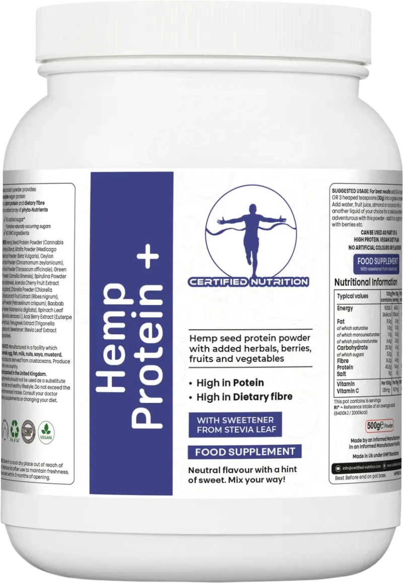 Front-facing label of Certified Nutrition Hemp Protein+ powder showing product benefits and branding