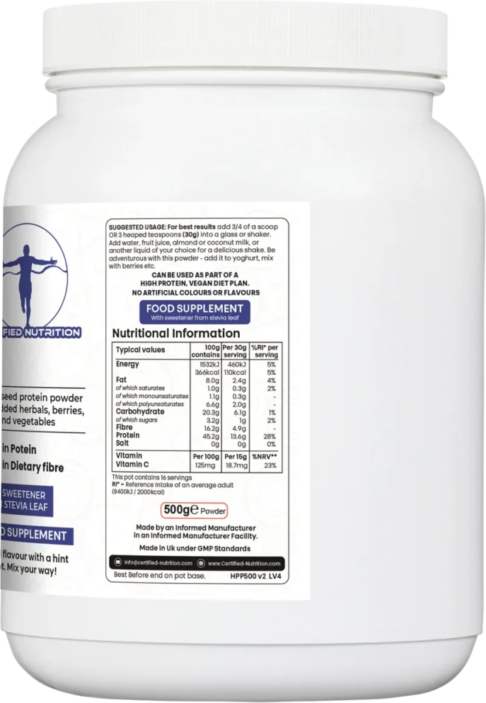 Side view of Hemp Protein+ label showing ingredients, herbal blend, and allergen warnings