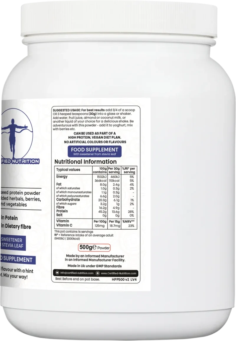 Side view of Hemp Protein+ label showing ingredients, herbal blend, and allergen warnings