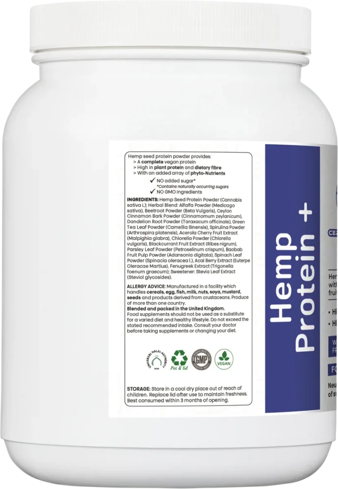 Back label of Certified Nutrition Hemp Protein+ showing nutrition facts and directions for use