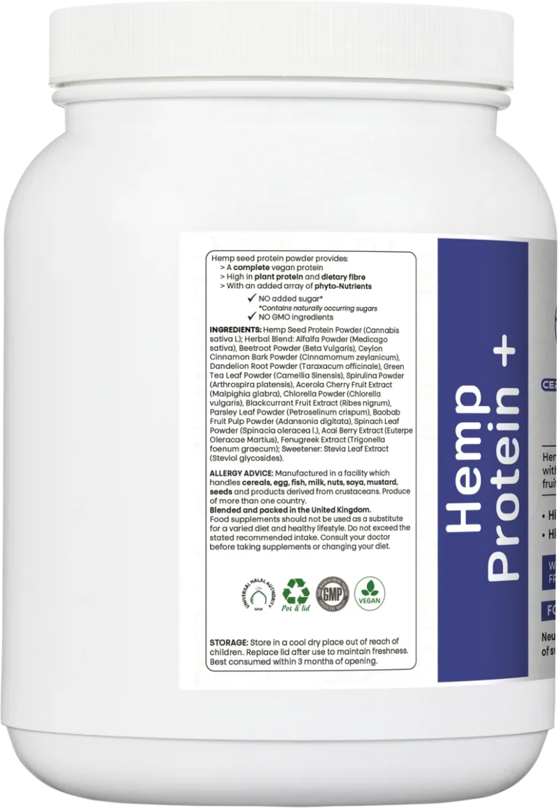 Back label of Certified Nutrition Hemp Protein+ showing nutrition facts and directions for use