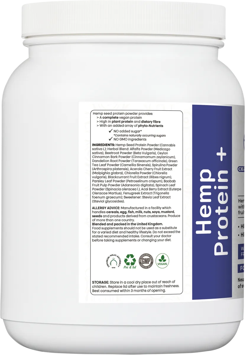 Back label of Certified Nutrition Hemp Protein+ showing nutrition facts and directions for use