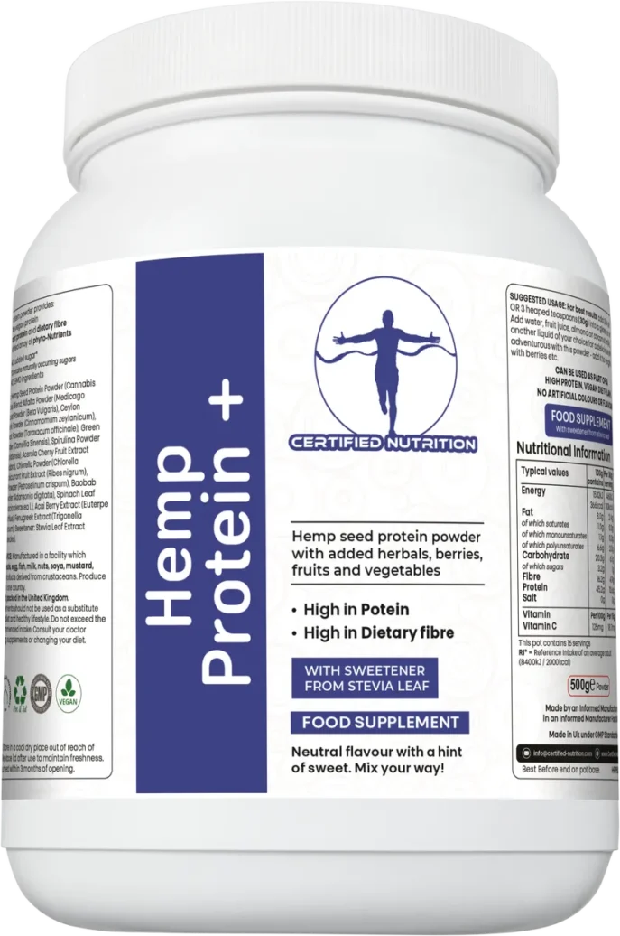 Certified Nutrition Hemp Protein+ powder tub angled front view – high in protein and dietary fibre