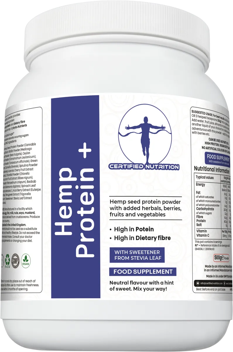 Certified Nutrition Hemp Protein+ powder tub angled front view – high in protein and dietary fibre