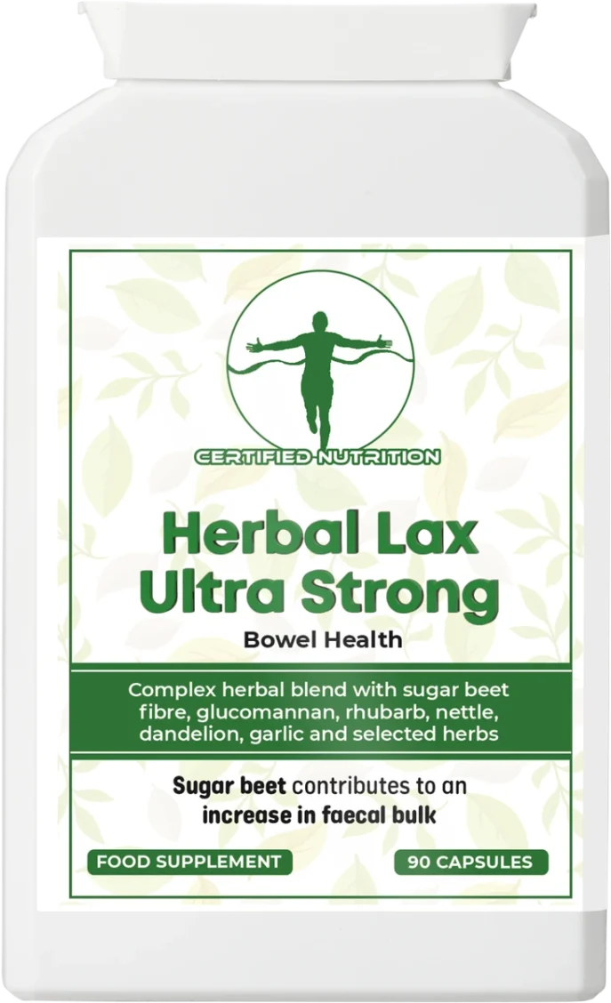 Rectangular white supplement bottle, front label “Herbal Lax Ultra Strong – Bowel Health”; green band stating “Complex herbal blend with sugar beet fibre, glucomannan, rhubarb, nettle, dandelion, garlic and selected herbs”; lower note “Sugar beet contributes to an increase in faecal bulk”; badges “Food Supplement” and “90 Capsules”.