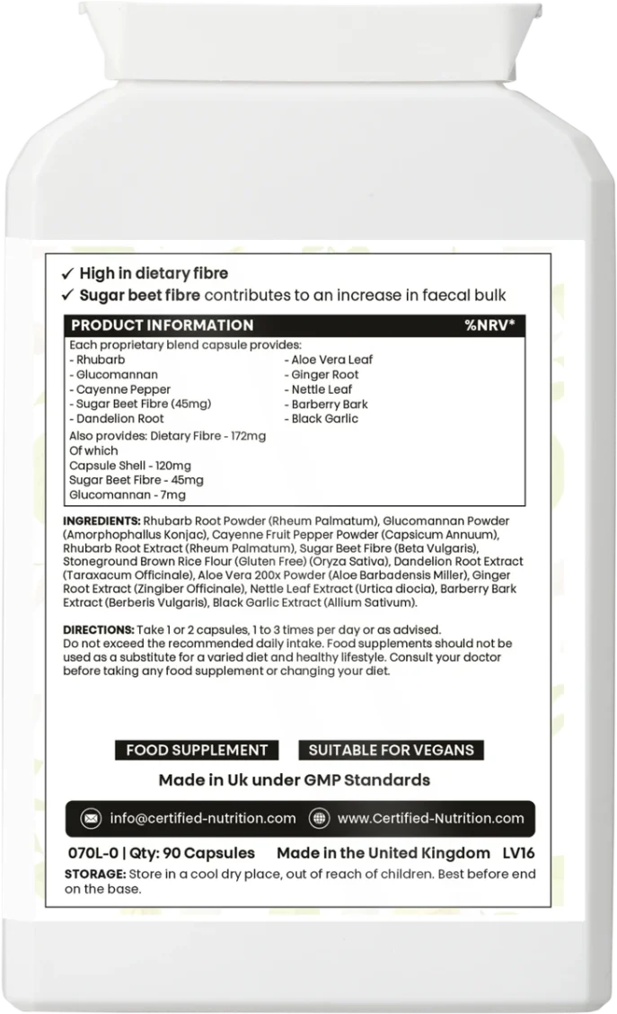 Back label close-up showing ticks “High in dietary fibre” and “Sugar beet fibre contributes to an increase in faecal bulk”, table listing rhubarb, glucomannan, cayenne, sugar beet fibre, dandelion, aloe, ginger, nettle, barberry, black garlic; full ingredients, directions, and “Made in UK under GMP Standards”.