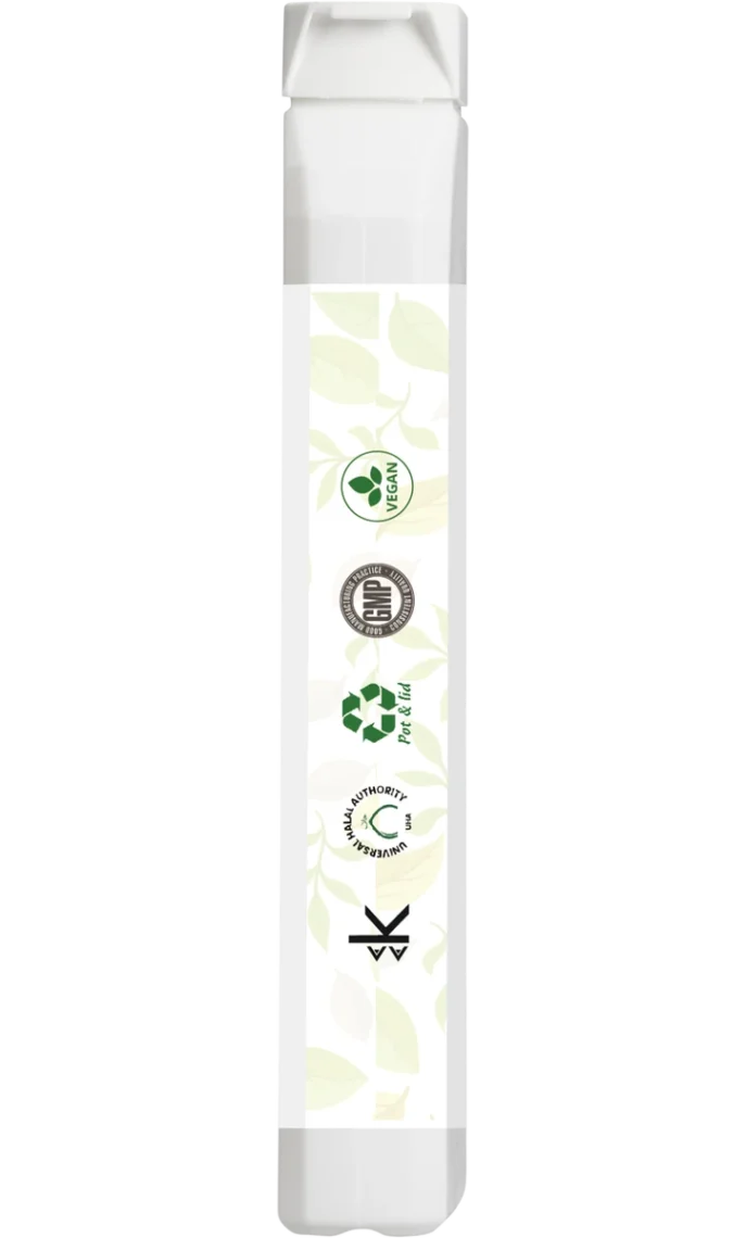 Narrow side panel of the rectangular bottle showing certification icons and names: Vegan, GMP, PET & lid recycling, Universal Halal Authority USA.