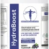Front label of HydraBoost electrolyte and carbohydrate blend showing exercise usage claims and berry flavour