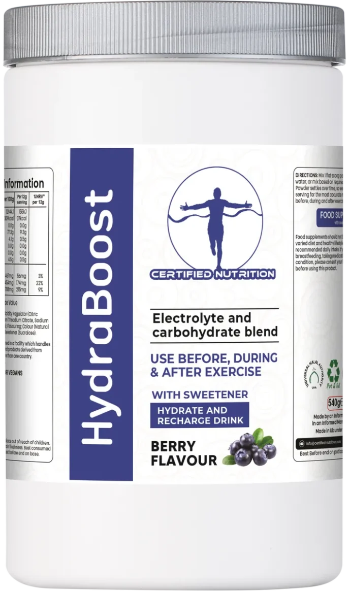 Front label of HydraBoost electrolyte and carbohydrate blend showing exercise usage claims and berry flavour
