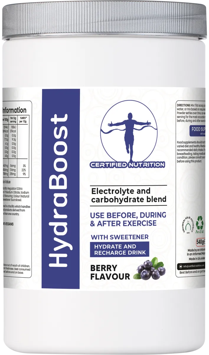 Front label of HydraBoost electrolyte and carbohydrate blend showing exercise usage claims and berry flavour