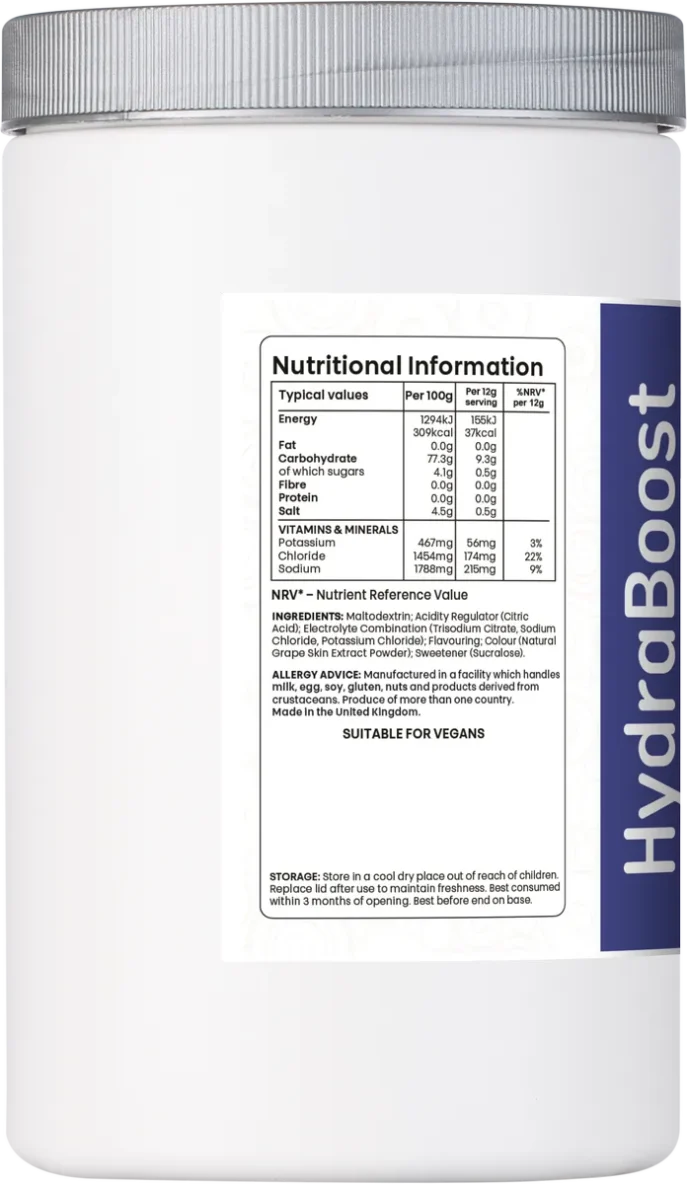 Nutrition label for HydraBoost showing per serving breakdown of potassium, sodium, chloride, and carbohydrate content