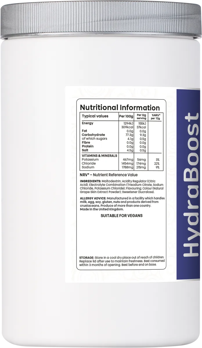 Nutrition label for HydraBoost showing per serving breakdown of potassium, sodium, chloride, and carbohydrate content