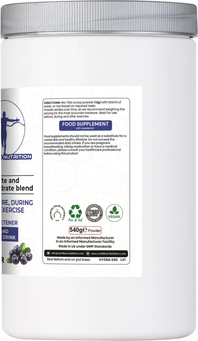 Usage instructions and certifications for HydraBoost electrolyte drink – vegan, GMP, Halal, recyclable packaging