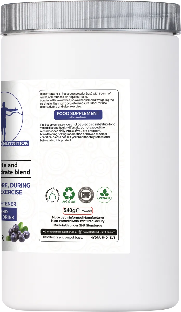 Usage instructions and certifications for HydraBoost electrolyte drink – vegan, GMP, Halal, recyclable packaging
