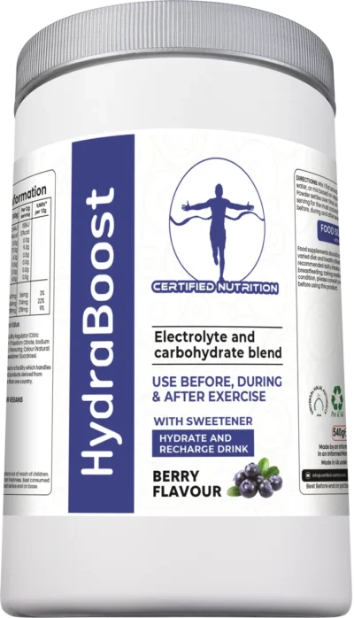 Certified Nutrition HydraBoost berry flavour angled front view showing electrolyte and carbohydrate hydration formula