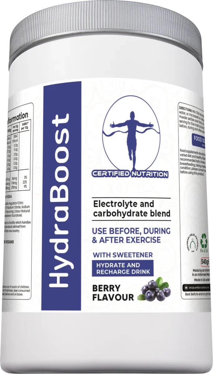 Certified Nutrition HydraBoost berry flavour angled front view showing electrolyte and carbohydrate hydration formula