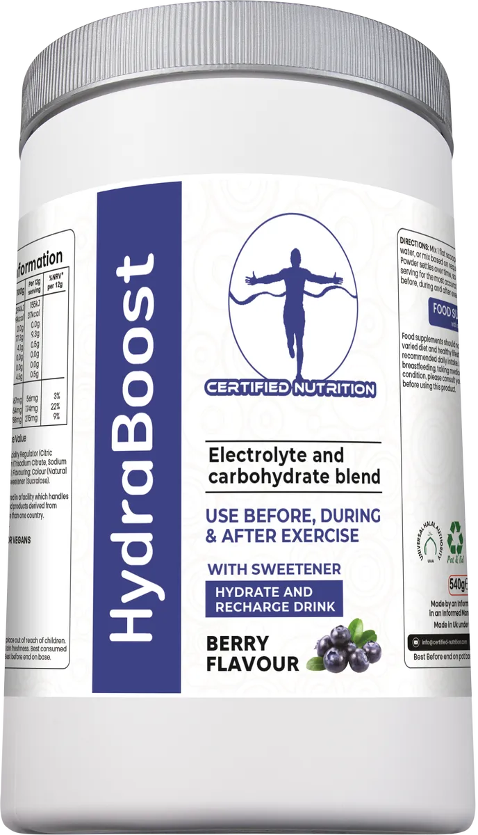 Certified Nutrition HydraBoost berry flavour angled front view showing electrolyte and carbohydrate hydration formula