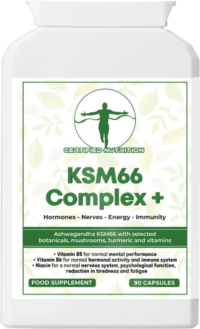 Rectangular white supplement bottle, framed leaf-pattern label; title “KSM66 Complex +”; subline “Hormones • Nerves • Energy • Immunity”; green band states “Ashwagandha KSM66 with selected botanicals, mushrooms, turmeric and vitamins”; lower bullets show B5 mental performance, B6 hormonal activity/immune, niacin nervous system and fatigue wording; badges “Food Supplement” and “90 Capsules.”