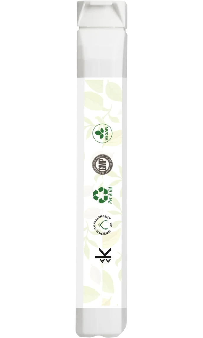 Narrow side panel showing certification icons and names only: Vegan, GMP, PET & lid recycling, Universal Halal Authority USA; pale leaf motif continues vertically down the strip.