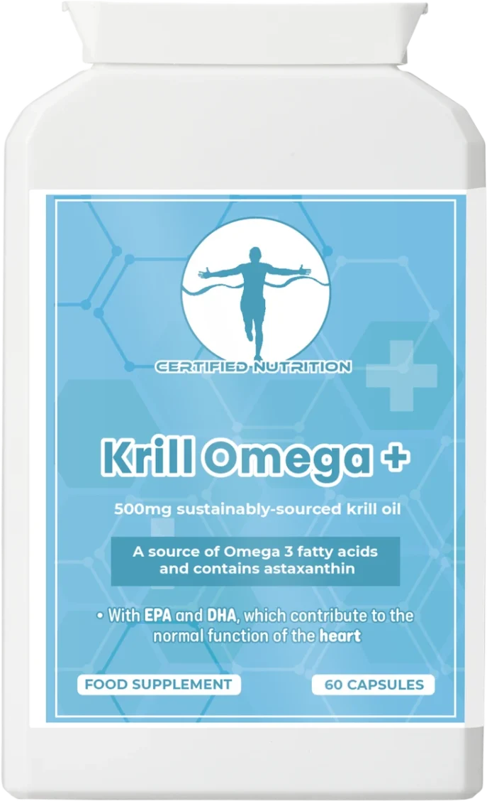 Certified Nutrition Krill Omega+ supplement bottle, 500mg sustainably sourced krill oil, 60 capsules