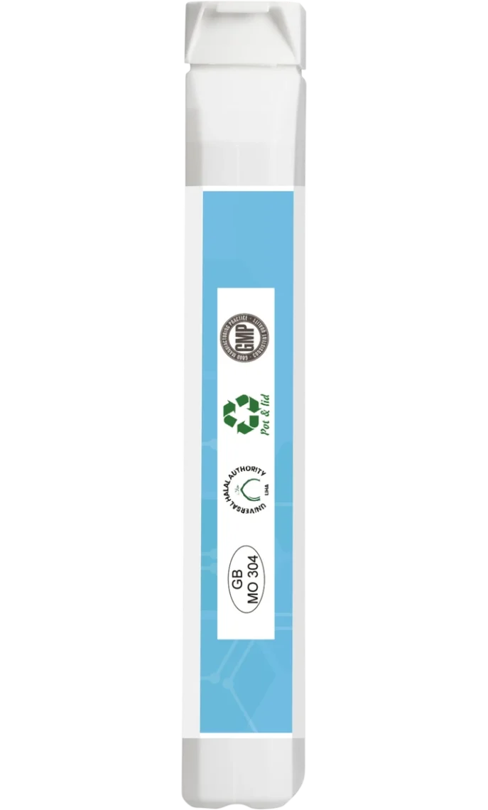 Krill Omega+ supplement bottle side panel with GMP, Vegan, Halal and recycling certifications